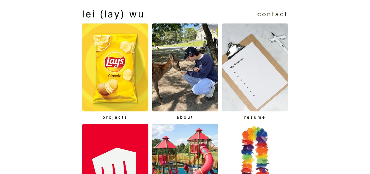 the original site: a white page with a photo grid and a lay's chips bag for projects