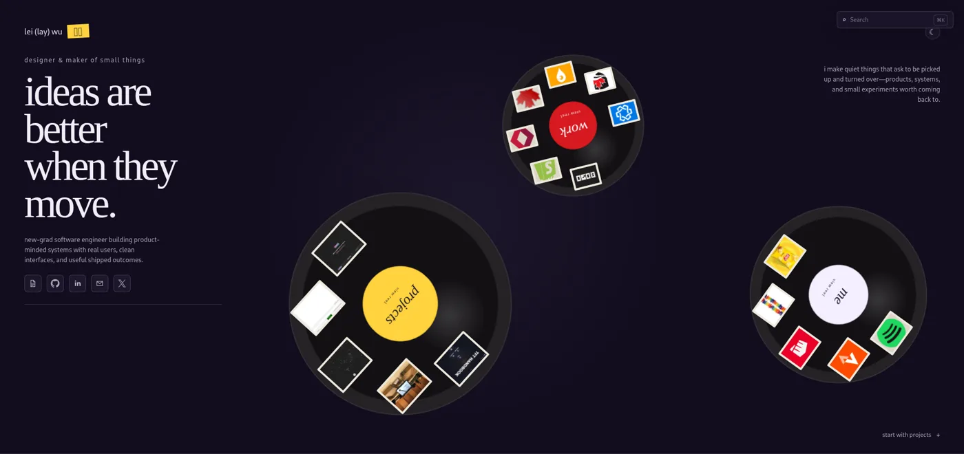 a dark purple homepage with three spinning records